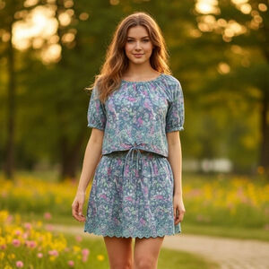 JENNIFER & Grace Top & Skirt Set Embroidered Scalloped neck Floral Size L and XL